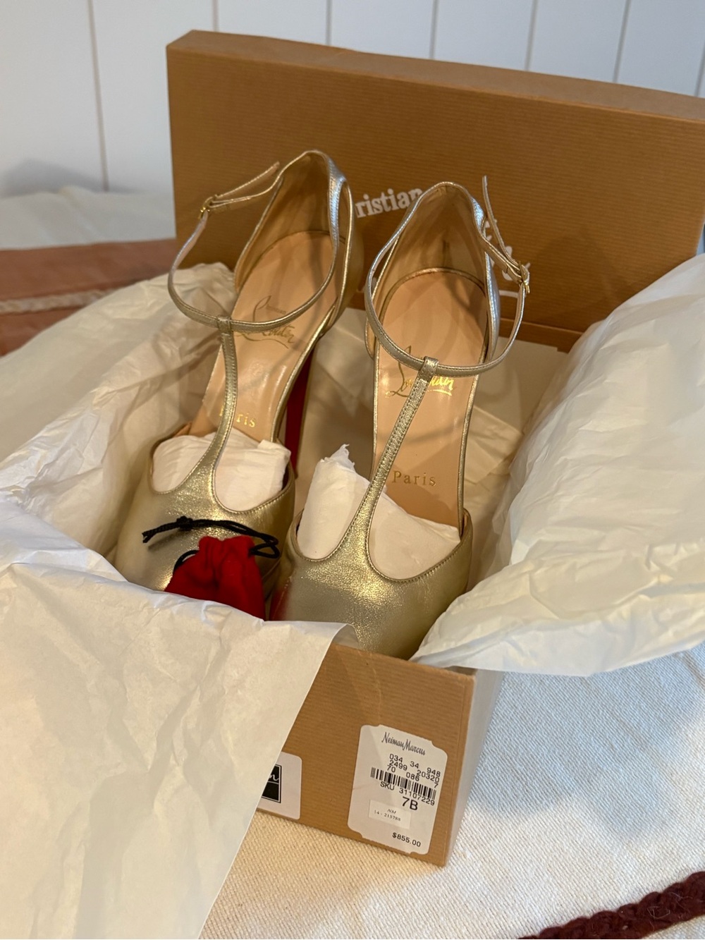 Christian Louboutin Gold Metallic T-Strap Platform Pumps - Picture 2 of 7